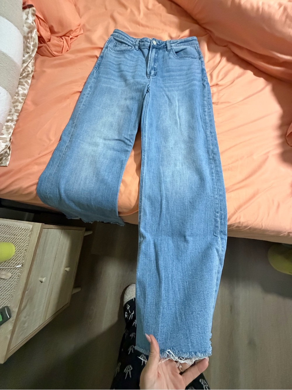High-Rise Light Blue Wide-Leg Jeans with Frayed Hem